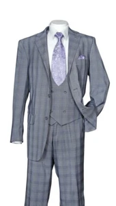 Men's 3-PC SUIT with VEST Fancy Luxurious Wool Feel Plaid/Check Design SideVents - Picture 1 of 12