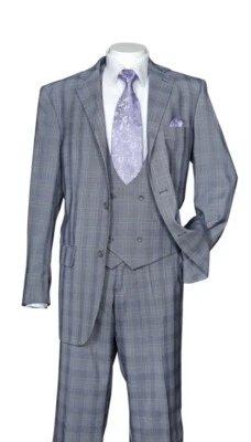 Men's 3-PC SUIT with VEST Fancy Luxurious Wool Feel Plaid/Check Design SideVents - Image 1 of 4