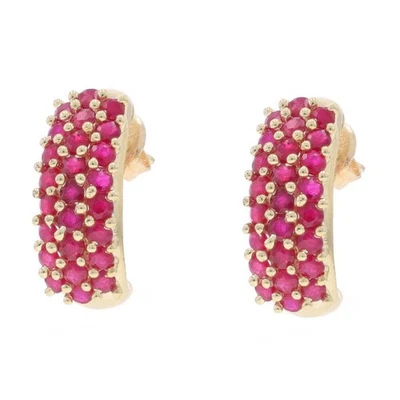 Yellow Gold Ruby Cluster J-Hook Earrings - 14k Round 1.50ctw Pierced - Image 1 of 4