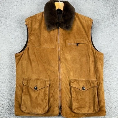 Paul Stuart Mens Cognac Suede Leather Real Fur Collar Wool Vest Size XXL Quilted - Image 1 of 4