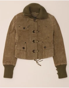 STRADIVARIUS Womens Bomber Suede Jacket UK 10 Small Green Leather OA03 - Picture 1 of 3