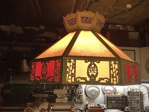Vintage Antique Brass and Glass Hanging Lamp Shade - Octagonal Rewired - Picture 1 of 24