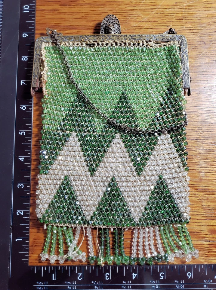 Antique Deco Green Glass Beaded Purse with Ornate Metal Frame Chain Handle READ - Image 1 of 4