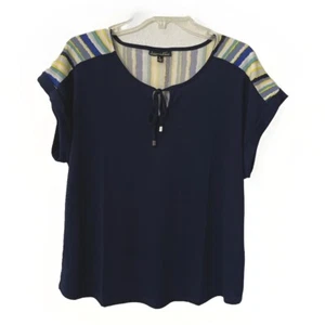 Alison Andrews Shirt Womens Size Large Navy Short Sleeve Striped Navy Yellow NWT - Picture 1 of 8