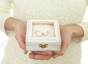 Personalized Wooden Wedding Ring Box, Rustic White Pillow Holder, Burlap Rolls. - Picture 1 of 16