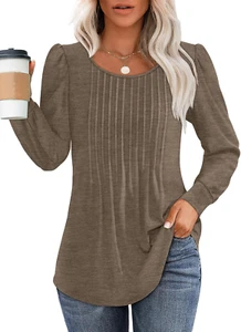 Long Sleeve Shirts for Women Fall Tops Dressy Casual Blouses Pleated Scooped Nec - Picture 1 of 12
