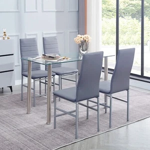 47" Clear Tempered Glass Dining Table & 4pcs Gray Faux Leather Dining Chairs Set - Picture 1 of 10