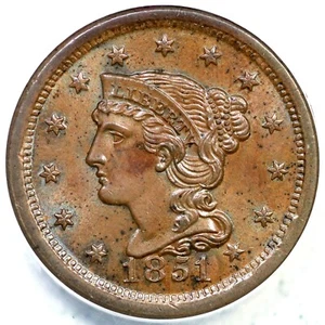 1850 N-10 R-1 ANACS MS 60 BN Braided Hair Large Cent Coin 1c - Picture 1 of 3