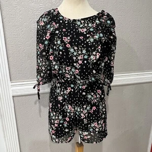 Justice Girls Black Pink Green Floral Chiffon Ruffle 3/4 Sleeve Romper Size 16 - Picture 1 of 8