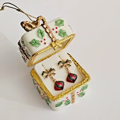 Danecraft Navidad Esmalte Adorno Pendientes Acebo Berry Baratija Porcelana Caja Foto 1 de 4