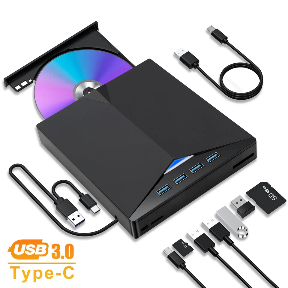 Slim External CD DVD RW Drive USB 3.0 Writer Burner Player Black For Laptop PCs - Image 1 of 4