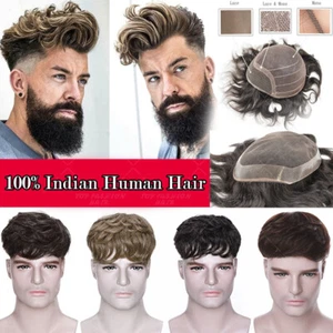 Herren Frontal PU SPITZE Toupee Haar 100 % jungfräuliches Echthaar Ersatzsystem Perücken - Bild 1 von 43