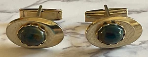 Vintage Gold Tone  Green & Brown  Men's Cufflinks XY-45 - Picture 1 of 4