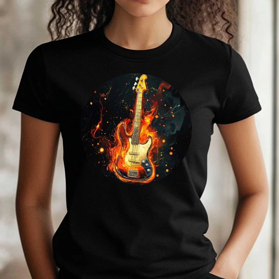 T-Shirt Frauen Feuer Bassgitarre Motiv Baumwolle Größe XS bis 3XL - Bild 1 von 1