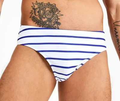 Calzoncillos de baño finos a rayas azules sobre blancos para hombre. Talla Mediana 32"-34" Foto 1 de 4