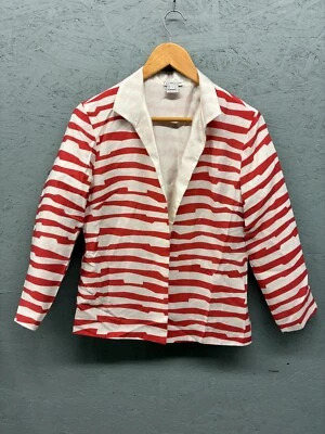 Blazer Grace Chuang Mujer Pequeño Rojo Blanco Rayas Frente Abierto Forrado Chaqueta Foto 1 de 4