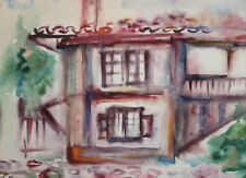 Vintage watercolor painting landscape house