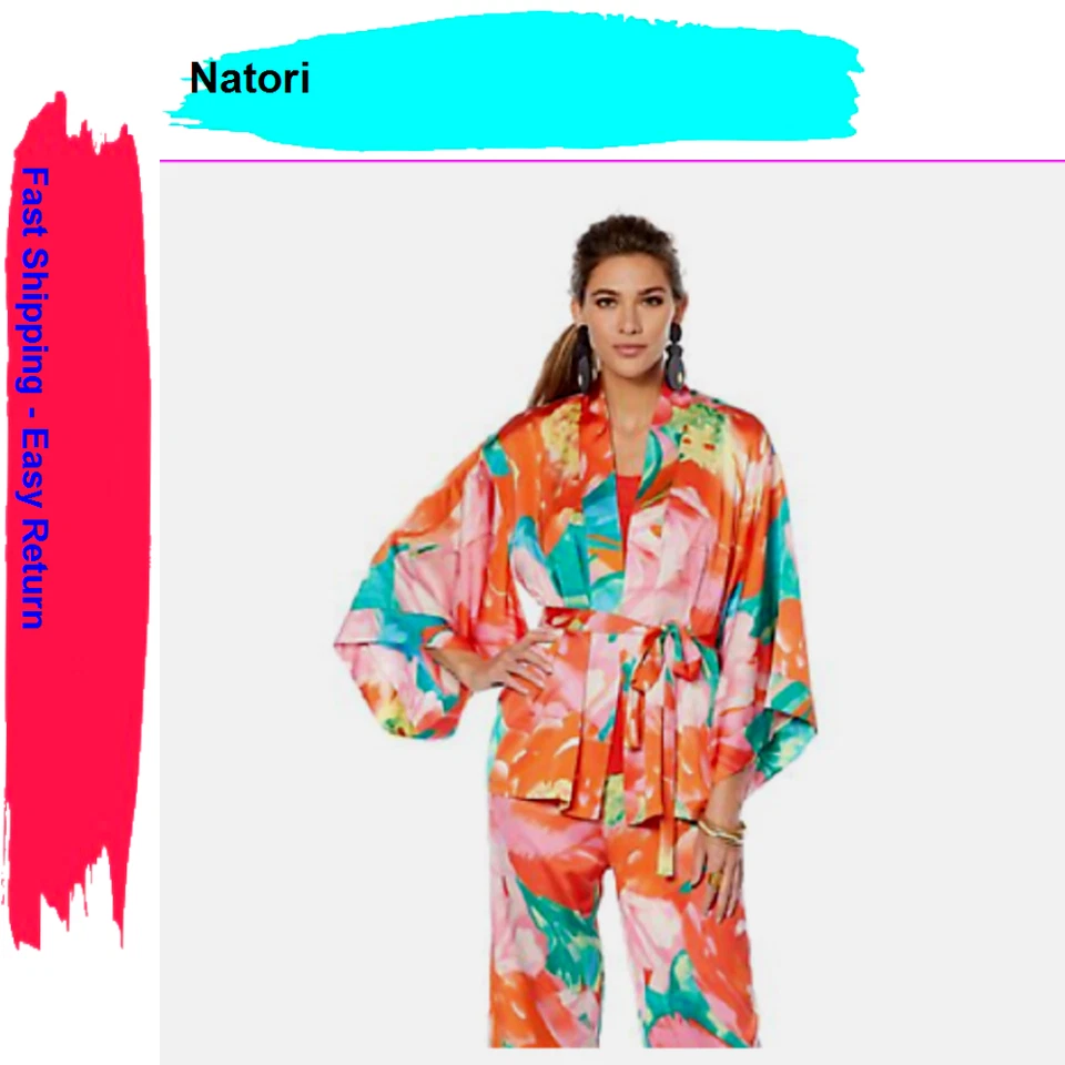 N Natori Printed Silky Satin Tie Belted Topper Wrap Paradise Multi color M