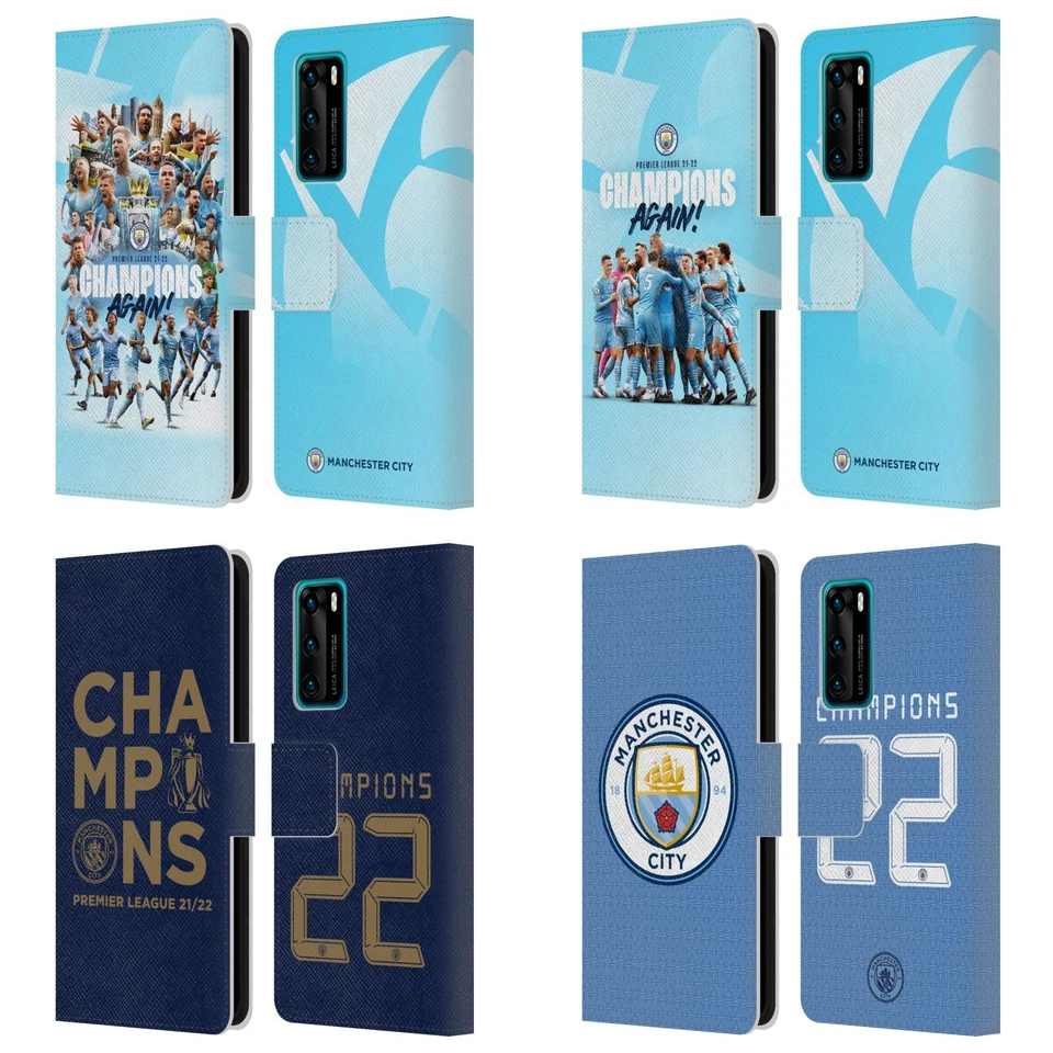 MAN CITY FC 2021/22 PREMIER LEAGUE CHAMPIONS LEATHER BOOK CASE FOR HUAWEI PHONES - Image 1 of 4