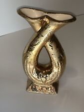 Vintage Mid Century Savoy 24k Weeping Gold Double Horned Vase 7" x 4" 