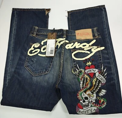 Pantalones de mezclilla Ed Hardy Skull Eagle con cuentas de serpiente para hombre 31w X 32L azul oscuro NUEVOS Y2k para hombre Foto 1 de 4