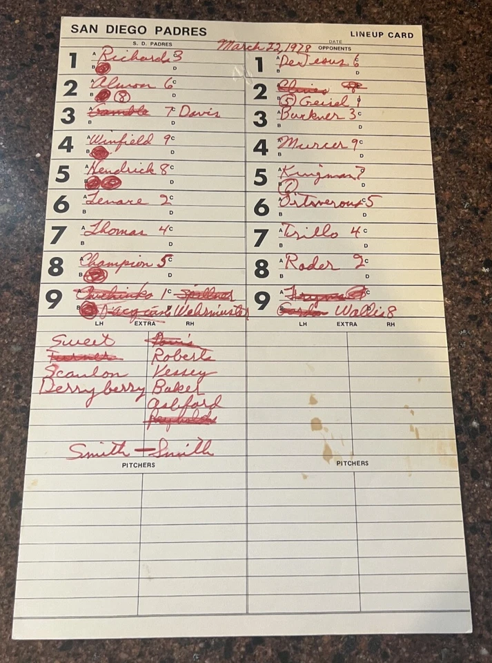 S.D. PADRES/CHICAGO CUBS DUGOUT LINEUP CARD WINFIELD, TENACE, BUCKNER, KINGMAN - Image 1 of 1