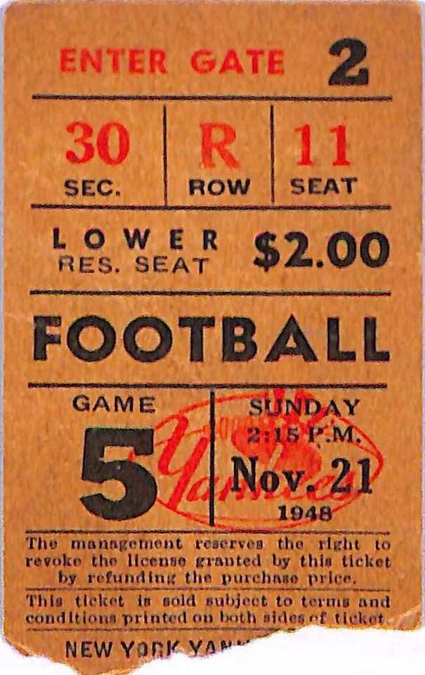 11/21/1948 CLEVELAND BROWNS VS. NEW YORK YANKEES AAFC GAME RARE TICKET STUB - Image 1 of 1