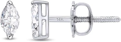 Natural Marquise Diamond Screw Back Solitaire Stud Earrings 14k Solid Gold - Image 1 of 4