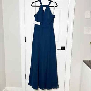 AZAZIE Melody Dark Navy Chiffon High Neck Keyhole Maxi Dress Size A6 Bridesmaid - Picture 1 of 11