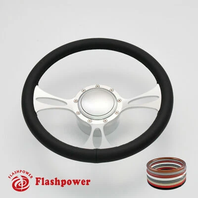 14" Billet Aluminum 9 Hole Steering Wheel Kit w/ Horn Button & Adapter - Image 1 of 4