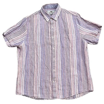 Camisa Hickey Freeman Para Hombres XL Manga Corta Abotonada Lino Púrpura Blanco Rayas Foto 1 de 4