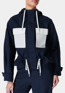 Sweaty Betty Linen Blend Zip Hooded Shacket Sz S Boxy Jacket Navy White Pockets - Picture 1 of 24