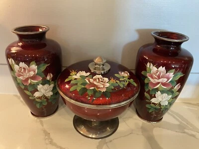 Lote de 2 jarrones vintage Ginbari paloma roja cloisonne con tapa pájaro en vuelo Foto 1 de 4