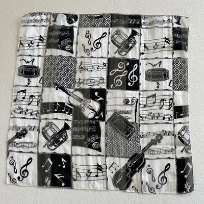 复古缎面围巾音乐乐器笔记方形小提琴鼓黑色白色 — 第 1/4 张图片