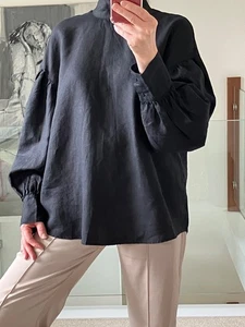 ZARA Black Linen Blouse Top Long Extra Wide Puff Sleeve Button Back Size M - Picture 1 of 15
