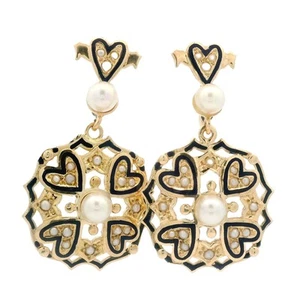 Vintage Victorian Revival Solid Gold Pearl Blue Enamel Dangle Screwback Earrings - Picture 1 of 6