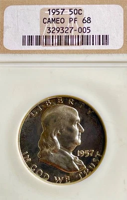 1957 Franklin Silver Half Dollar 50C, Obv Rim Gold Toning, NGC Cameo (CAM) PF 68 - Image 1 of 2