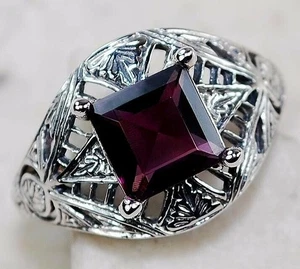 Anillo de plata esterlina maciza 925 amatista natural estilo Art Deco joyería talla 8 F6-8 - Imagen 1 de 3