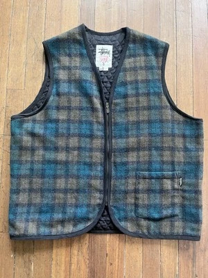 Chaleco de Colección Stussy Outer Gear Lana con Cremallera para Hombres Talla XL Verde a Cuadros Años 90 EE. UU. RARO Foto 1 de 4