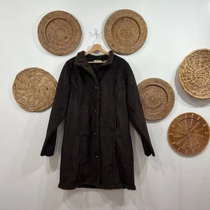 Vintage LL Bean Brown Faux Suede Button Fleece Lined Long Winter Coat Large - Picture 1 of 5