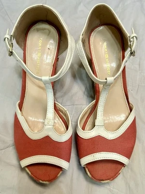 Sandalias de cuña Tommy Hilfiger coral rojo corcho talla 6M correa en T alpargata tacones Foto 1 de 4