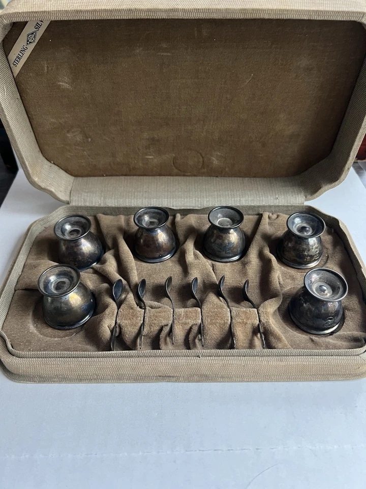 Antiguo Juego de 6 Salinas y Cucharas Webster Sterling con Monograma Diseño Raro Foto 1 de 4