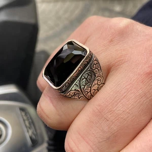 Men’s Handmade Black Onyx Ring 925 Sterling Silver Ottoman Statement Ring Gift - Picture 1 of 9