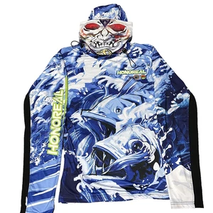 Honoreal Quick Dry Fishing Shirt UV Protection Mens XL Face Mask Hood Wave Print - Picture 1 of 11