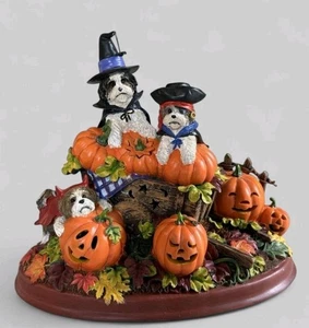 Danbury Mint Pumpkin Patch Shih Tzu Collectible Light Up Ceramic Halloween - Picture 1 of 9