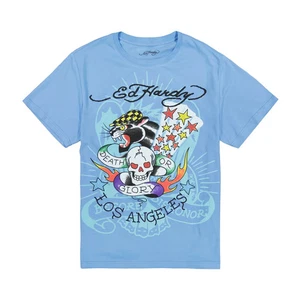 CHOOSE M/L - Ed Hardy Skull Panther Throwback Powder Blue Graphic Tee Halloween - Picture 1 of 3