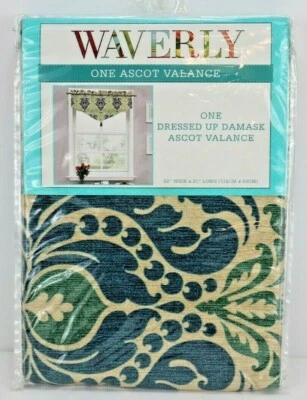 Waverly Damask Ascot Valance with Tassel Blues Greens Timeless Elegance NICE NEW Foto 1 de 4