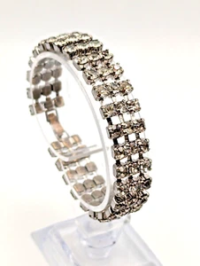 Rhinestone Triple Row Prong Set Bracelet 6 3/4" X 1/2" Silver Tone See Notes - Picture 1 of 6