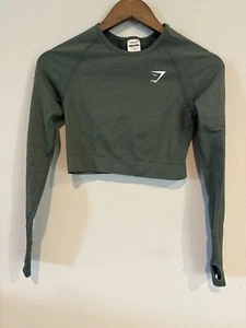 Gymshark Vital Seamless 2.0 Long Sleeve Crop Top Size Medium Dark Green Marl - Picture 1 of 3