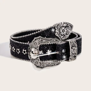 Women Ladies Glitter Bling Star Wide Waist Belt Buckle Adjustable Faux Leather - Picture 1 of 17